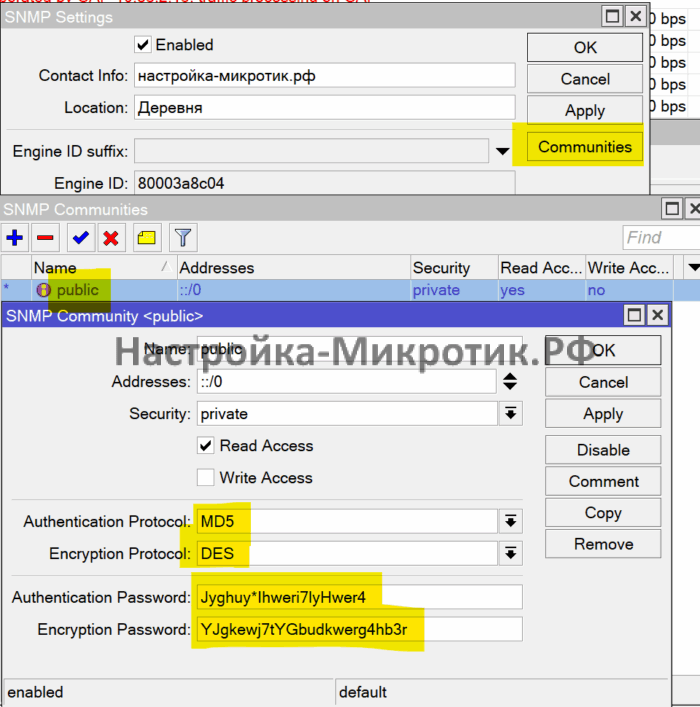 ZABBIX SNMPv3 MikroTik 2 Communities выставляем протокол аутентификации и его пароль, а так же протокол шифрования с паролем