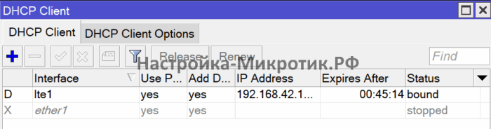 Быстрая настройка 4G LTE USB модема 10 Отключаем DHCP Client на ether1