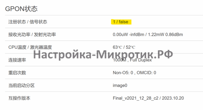 SFP Gpon Onu оптика напрямую в MikroTik 13 GPON статус должен быть 5 / True