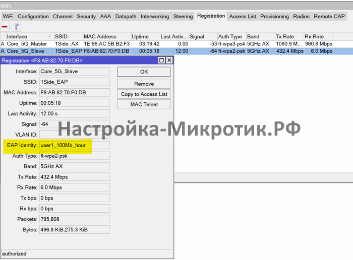 Биллинг трафика для пользователей WiFi EAP 36 На CAPsMAN видно кто и на какой точке подключен по EAP Identity