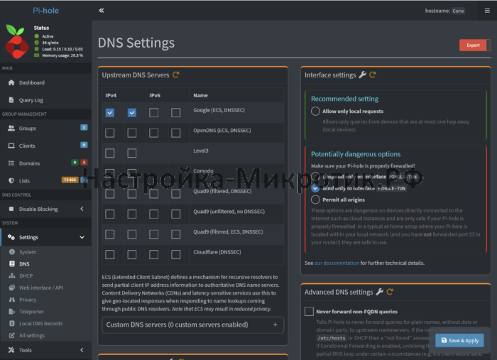 Если Pi-hole установлен за отдельным Bridge - Нужно в Settings > DNS режим Expert разрешить подключение с других сетей