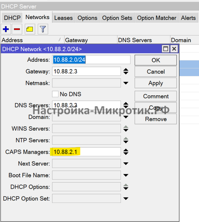 DHCP CAPS Managers 1 IP > DHCP Server > Networks Указываем опцию CAPS Managers