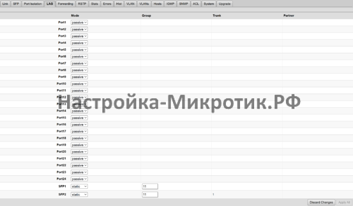 Настраивается LACP путем указания номера static и группы