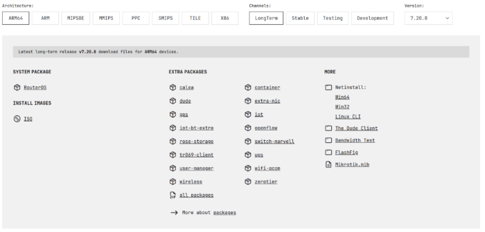 RouterOS 7.20.8 Long-term 1 Для загрузки 7.20.8 нужно выбрать свою архитектуру, либо обновиться через System > Package